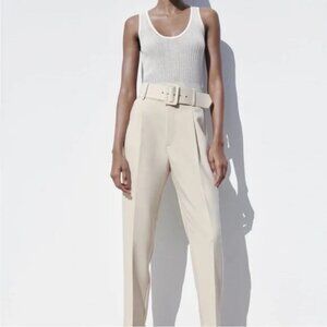 Zara High Waist Lined Belt Ecru Pants, size L